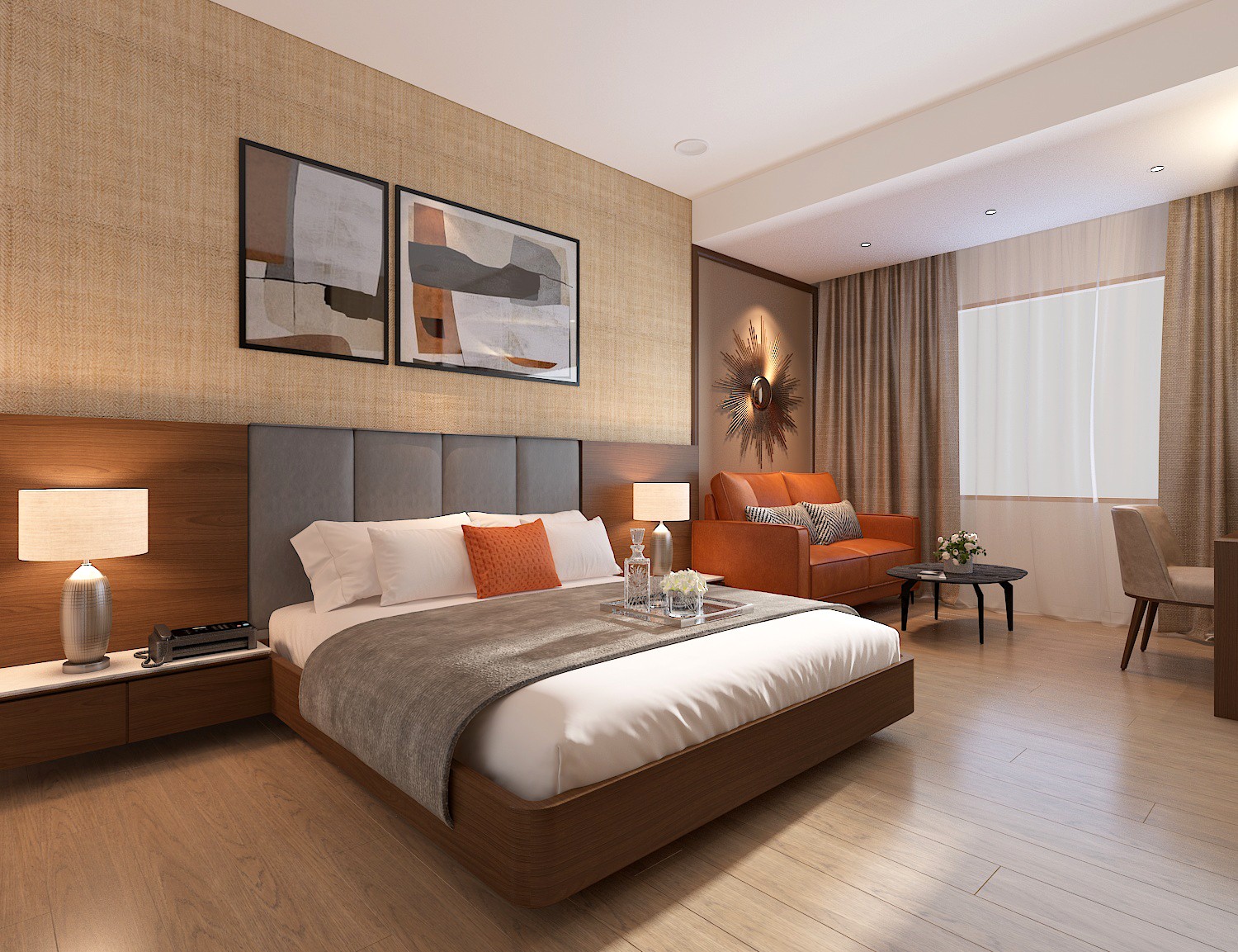 A sunlit boutique bedroom at Sunstone Suites